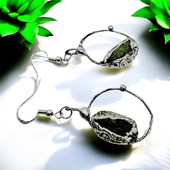 Natural Moldavite & Sterling 925 Boho Metalwork Earrings - Picture 3 of 17